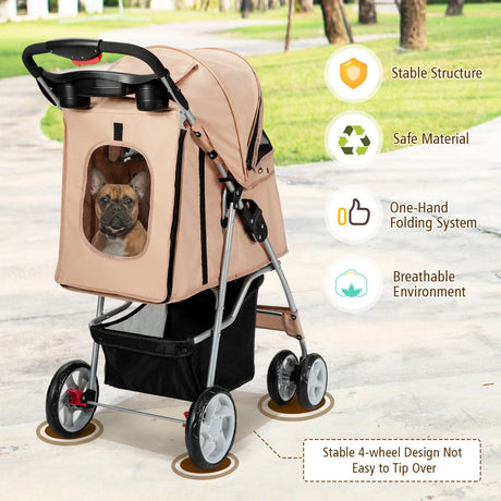 4-Wheel Folding Pet Stroller with Mesh Windows &amp; Storage Basket-Beige