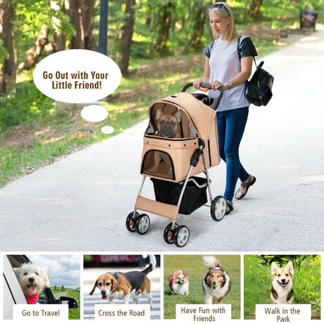 4-Wheel Folding Pet Stroller with Mesh Windows &amp; Storage Basket-Beige
