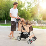 4-Wheel Folding Pet Stroller with Mesh Windows &amp; Storage Basket-Beige