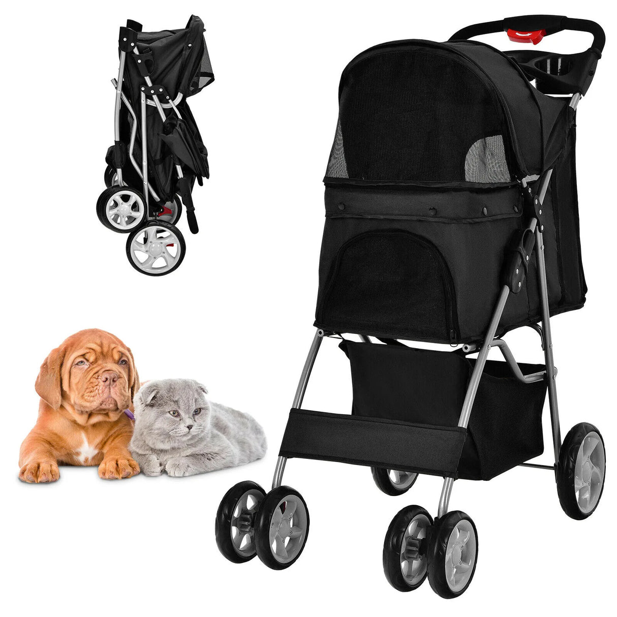 4-Wheel Folding Pet Stroller with Mesh Windows &amp; Storage Basket-Black