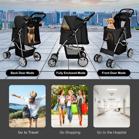 4-Wheel Folding Pet Stroller with Mesh Windows &amp; Storage Basket-Black