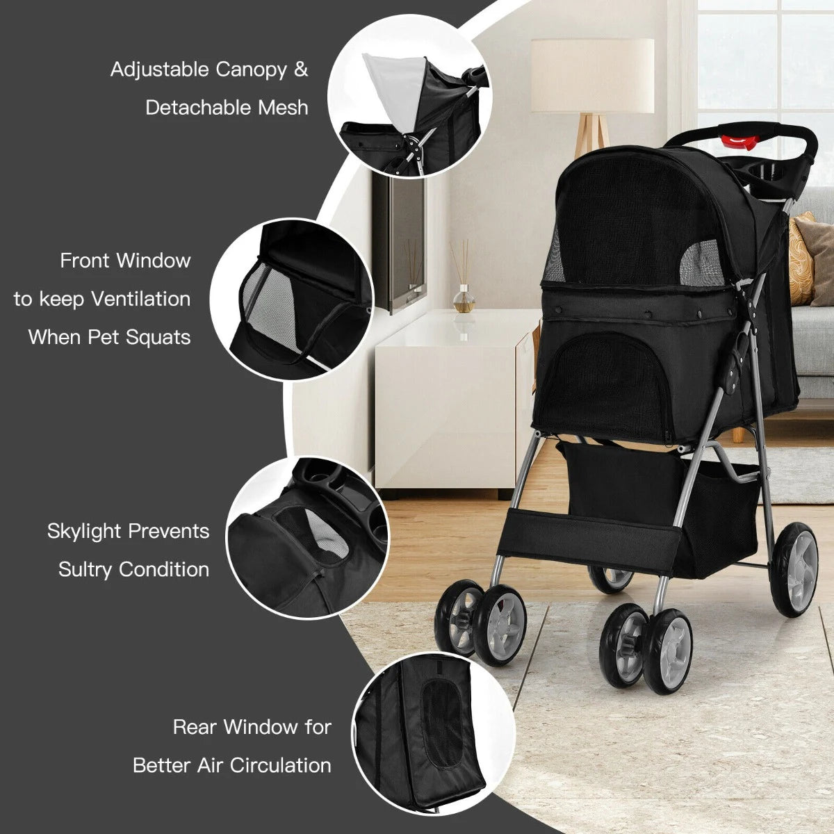 4-Wheel Folding Pet Stroller with Mesh Windows &amp; Storage Basket-Black