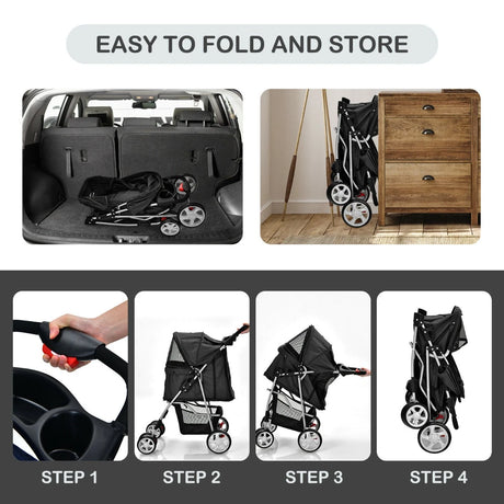 4-Wheel Folding Pet Stroller with Mesh Windows &amp; Storage Basket-Black
