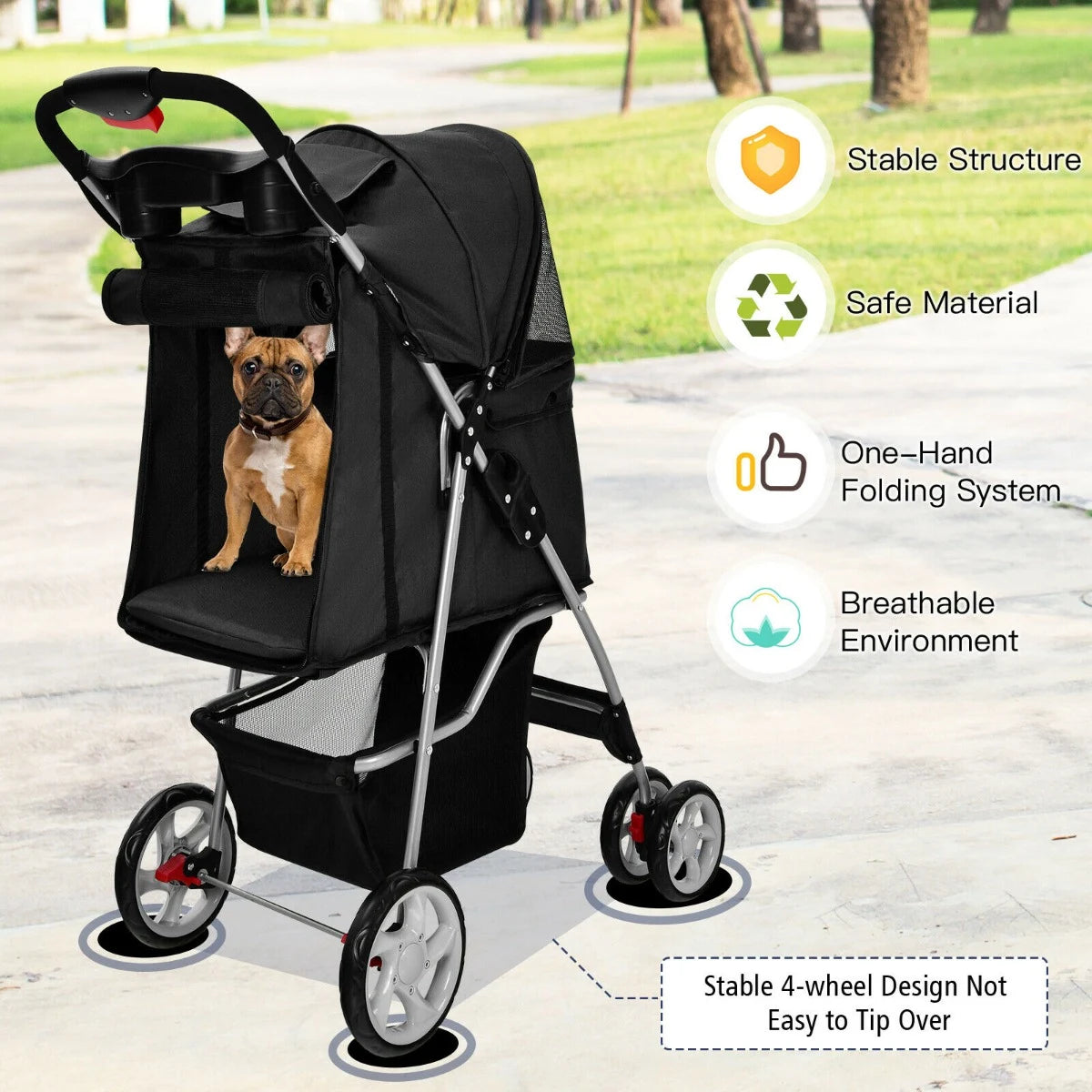 4-Wheel Folding Pet Stroller with Mesh Windows &amp; Storage Basket-Black
