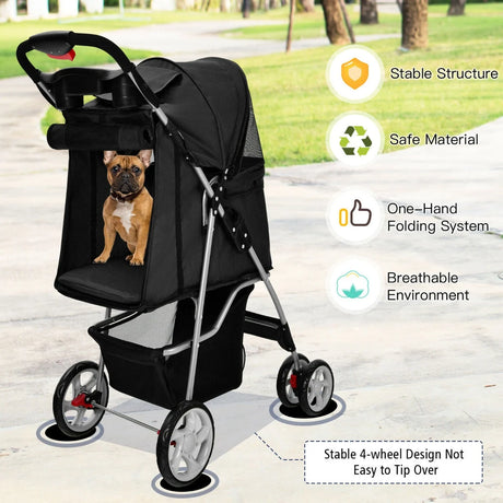 4-Wheel Folding Pet Stroller with Mesh Windows &amp; Storage Basket-Black