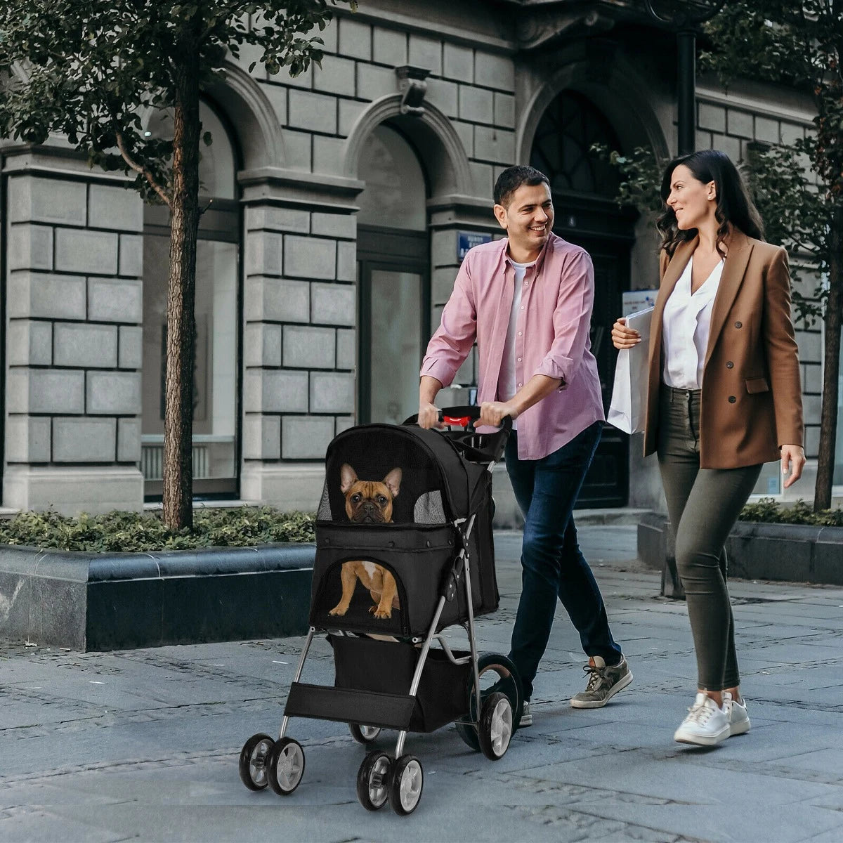 4-Wheel Folding Pet Stroller with Mesh Windows &amp; Storage Basket-Black