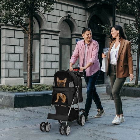 4-Wheel Folding Pet Stroller with Mesh Windows &amp; Storage Basket-Black