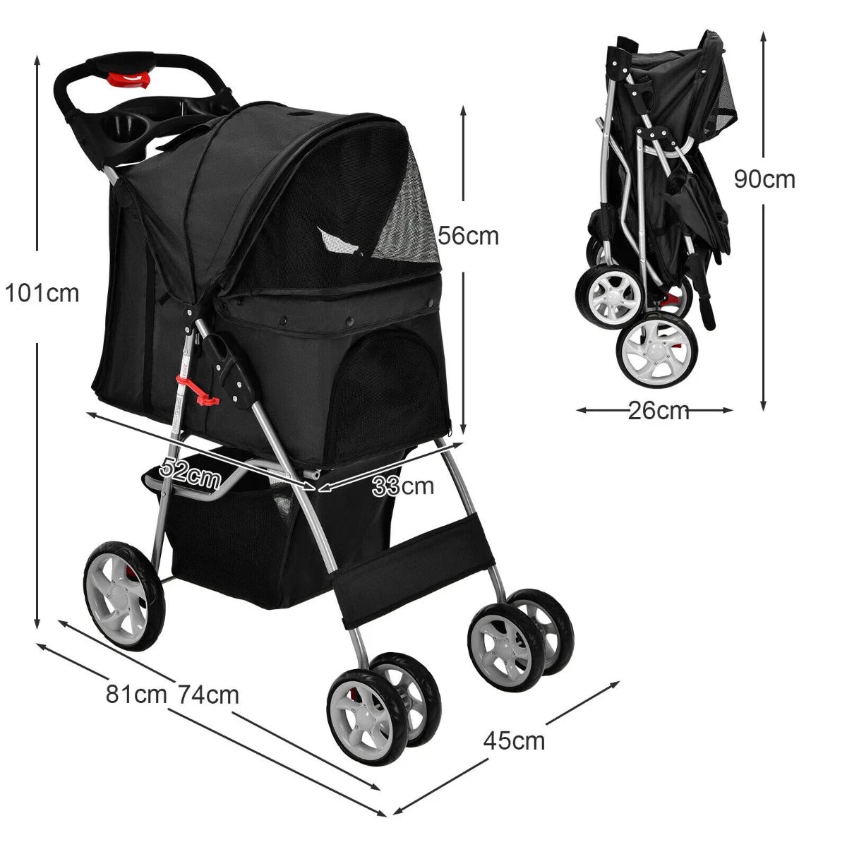 4-Wheel Folding Pet Stroller with Mesh Windows &amp; Storage Basket-Black