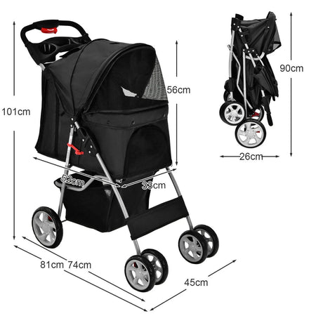 4-Wheel Folding Pet Stroller with Mesh Windows &amp; Storage Basket-Black