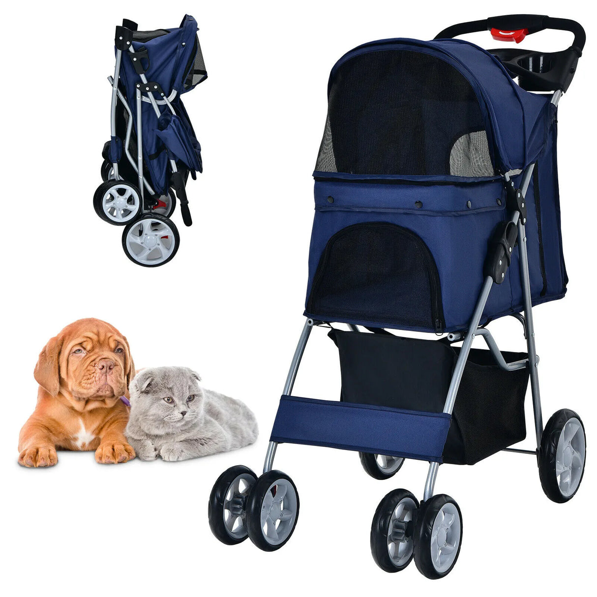 4-Wheel Folding Pet Stroller with Mesh Windows &amp; Storage Basket-Navy
