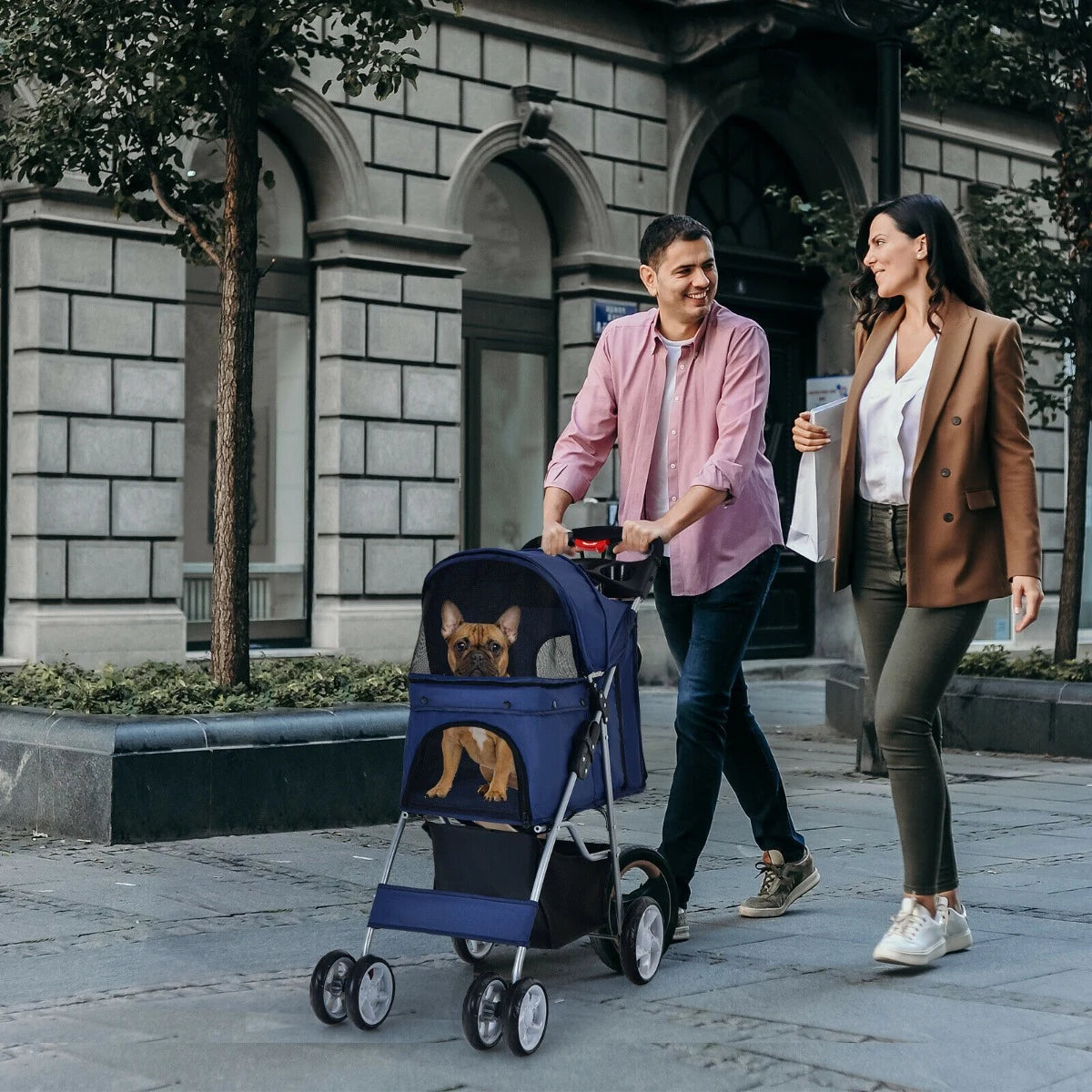 4-Wheel Folding Pet Stroller with Mesh Windows &amp; Storage Basket-Navy