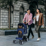 4-Wheel Folding Pet Stroller with Mesh Windows &amp; Storage Basket-Navy