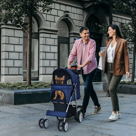 4-Wheel Folding Pet Stroller with Mesh Windows &amp; Storage Basket-Navy