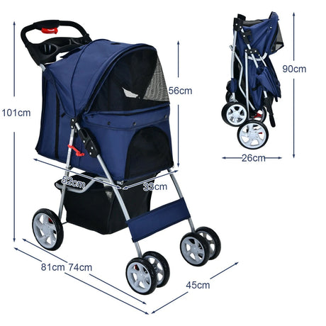 4-Wheel Folding Pet Stroller with Mesh Windows &amp; Storage Basket-Navy