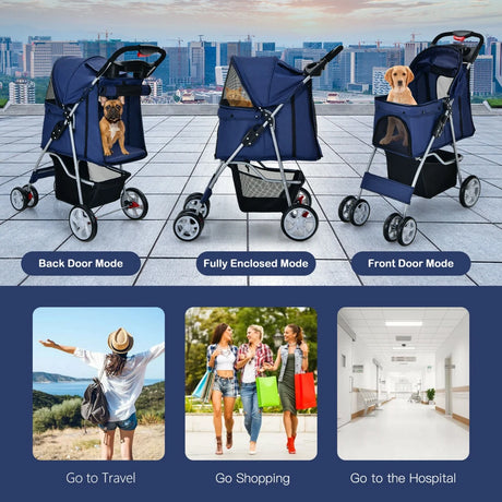 4-Wheel Folding Pet Stroller with Mesh Windows &amp; Storage Basket-Navy