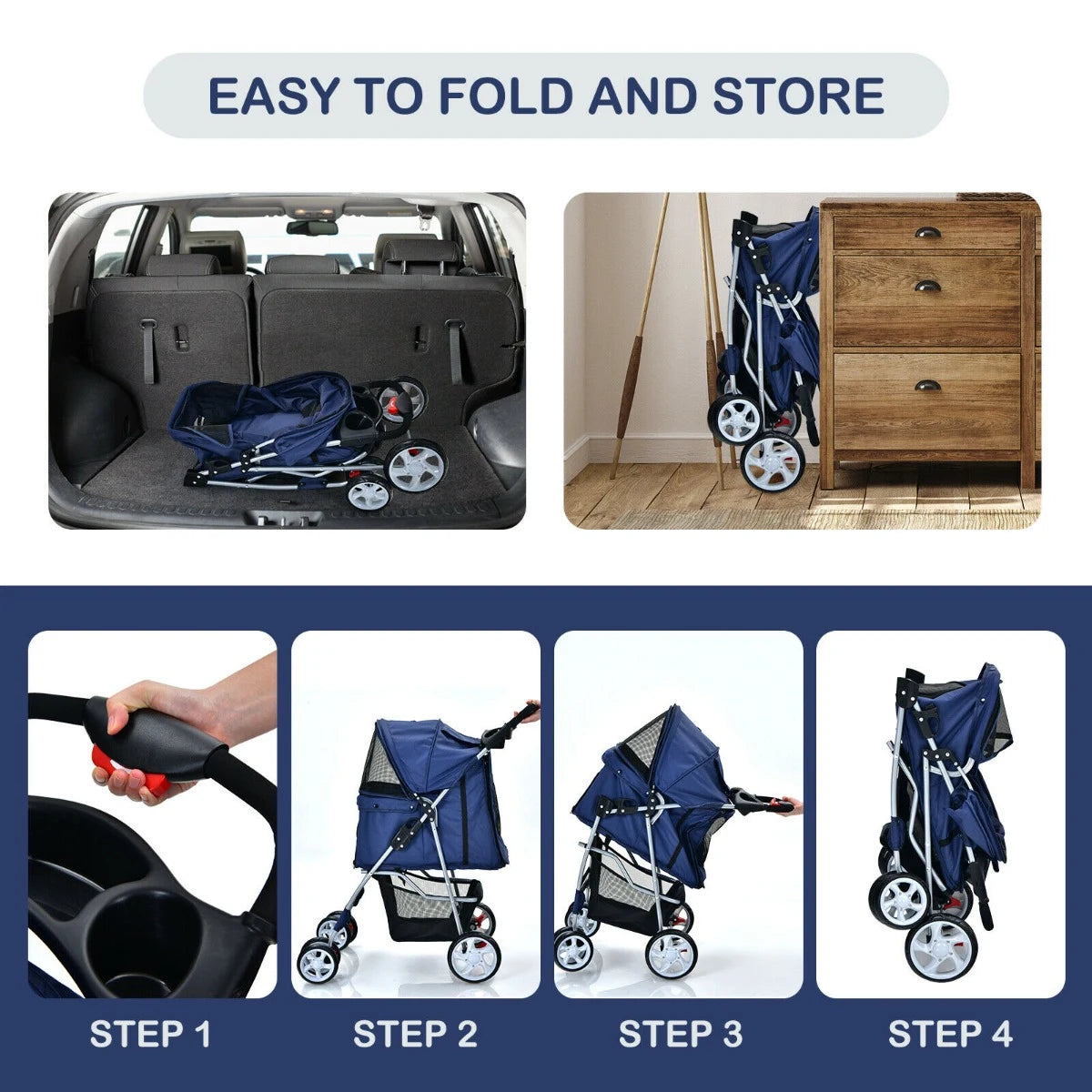 4-Wheel Folding Pet Stroller with Mesh Windows &amp; Storage Basket-Navy