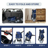 4-Wheel Folding Pet Stroller with Mesh Windows &amp; Storage Basket-Navy