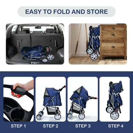 4-Wheel Folding Pet Stroller with Mesh Windows &amp; Storage Basket-Navy
