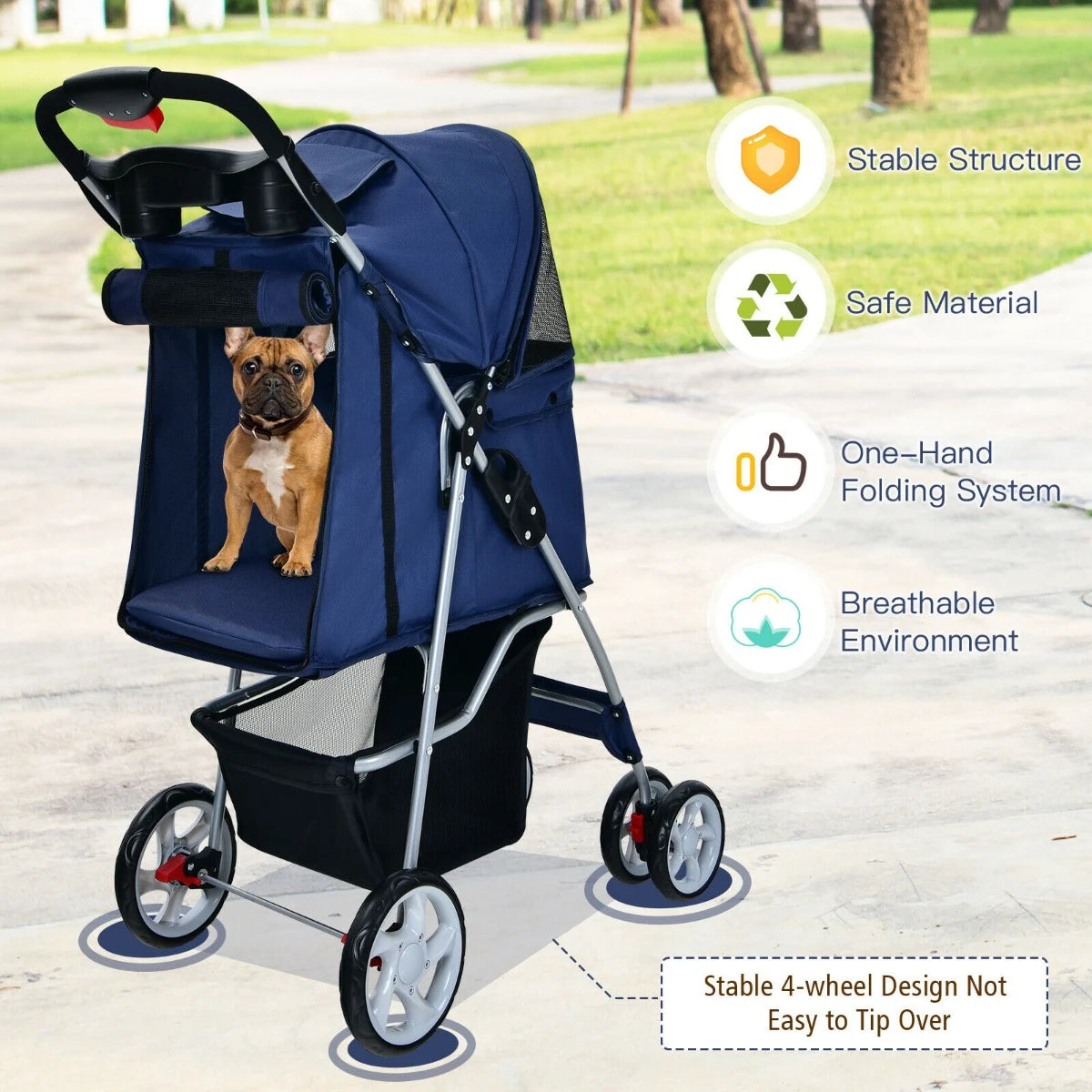 4-Wheel Folding Pet Stroller with Mesh Windows &amp; Storage Basket-Navy