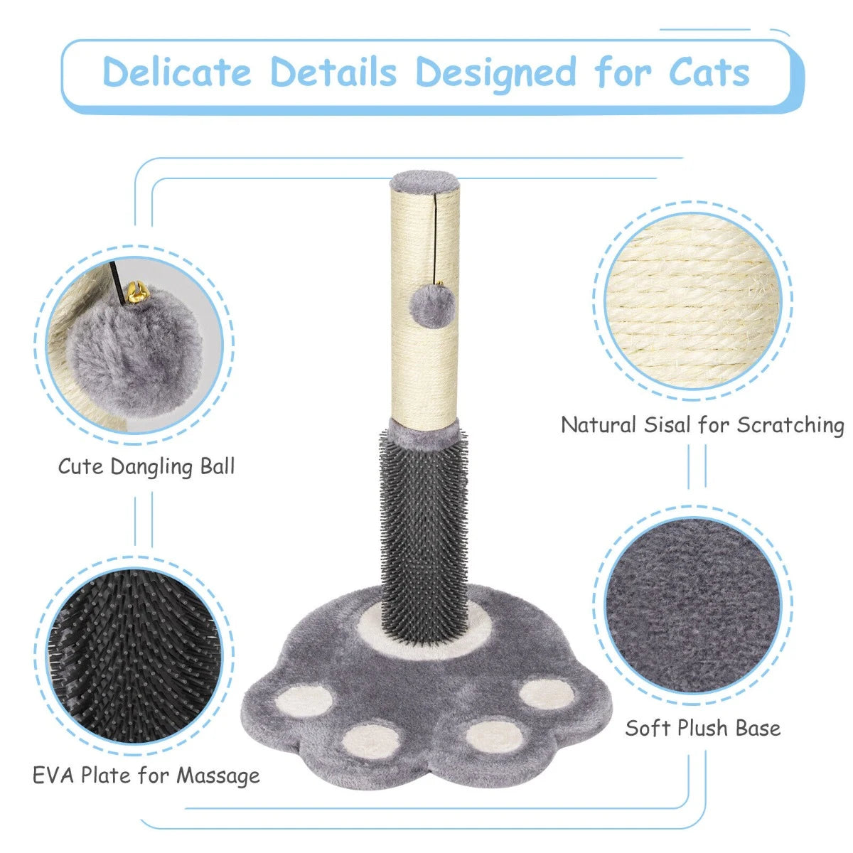 2-in-1 Cat Scratching Post with Message Brush and Dangling Ball