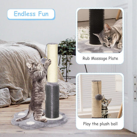 2-in-1 Cat Scratching Post with Message Brush and Dangling Ball