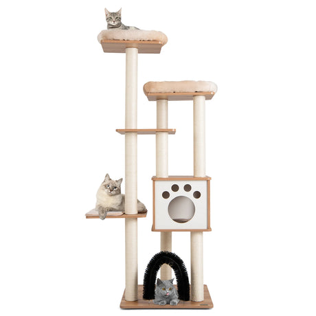 Multi-Level Tall Modern Cat Tree with 2 Top Plush Perches