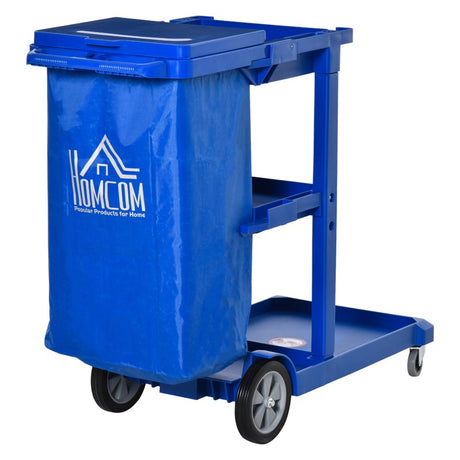 HOMCOM Janitor Cleaning Trolley, with Bin, Shelves and Hooks - Blue