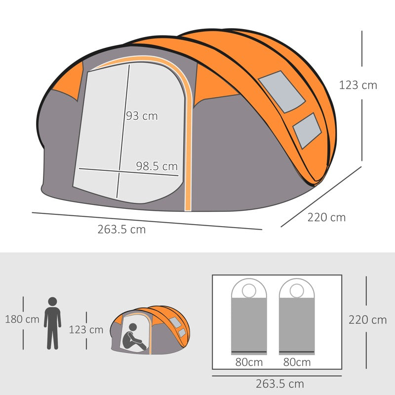 Outsunny 4 Person Pop-up Camping Tent Family Tent with Ground Sheet, 4 Windows and Portable Carry Bag for Beach Outdoor Trip, Orange