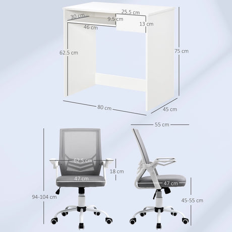 Vinsetto Home Office Chair and Computer Desk Set, Mesh Chair with with 90 Flip-up Armrest, Study Desk with Keyboard Tray and Drawer, White and Grey
