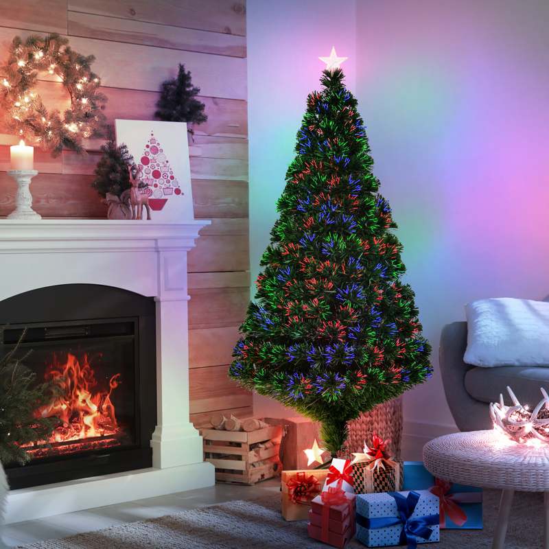 HOMCOM 5FT Pre-Lit Fibre Optic Artificial Christmas Tree Holiday Xmas Décor with Tree Topper Multi-Colour