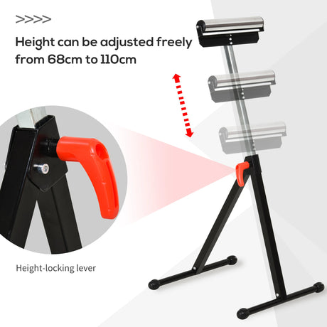 HOMCOM Set of 2 Folding Roller Stand, Material Support Pedestal with Ball Bearing Roller Height Adjustable Portable, Metal Construction, Black