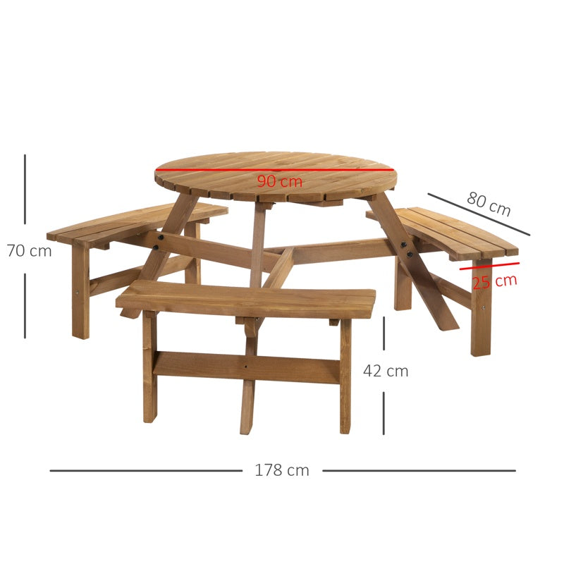 Outsunny 6 Seater Wooden Picnic Table and Bench Set Round Patio Dining Set with 3 Benches and Umbrella Hole Outdoor Garden Park, Brownish Red