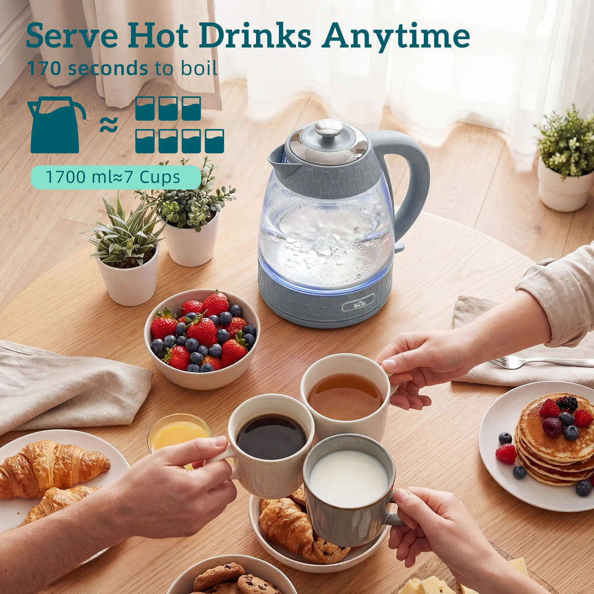 HOMCOM Kettle and Toaster Set, 1.7L 3000W Rapid Kettle with Strix Thermostat, 4 Slice Toaster with 7 Browning Controls, Grey