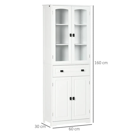HOMCOM Kitchen Cupboard, Freestanding Storage Cabinet with 2 Adjustable Shelves, Drawer and Glass Door for Living Room, Dining Room, 160cm, White