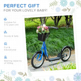 HOMCOM Kids Scooter, Kick Stunt Scooter with Adjustable Handlebar, Dual Brakes, Basket, Cupholder, Mudguard, 16" Inflatable Rubber Wheels, for 5-12 years, Blue