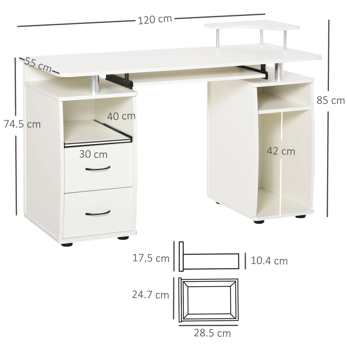 HOMCOM Computer Desk Office PC Table Workstation with Keyboard Tray, CPU Shelf, Drawers, Sliding Scanner Shelf, White