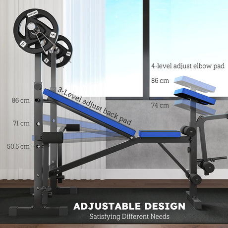 HOMCOM Adjustable Weight Bench with Leg Extension, Barbell Rack, Preacher Curl Pad, Butterfly, Multi-Function Home Gym Bench for Strength Training, Blue