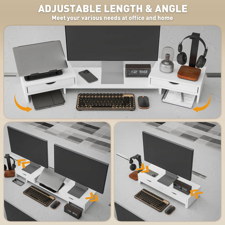 HOMCOM Dual Monitor Stand Riser with 2 Drawers, Adjustable Length and Angle, 116cm Monitor Riser for Laptop, Computer, PC, Small Printer, White