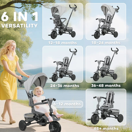 AIYAPLAY 6 in 1 Foldable Kids Trike with Adjustable Parent Handle & Canopy for Ages 1-5, Grey