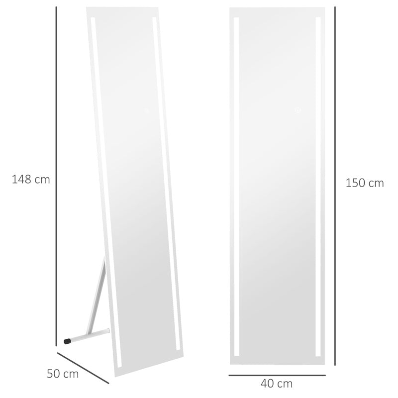 HOMCOM Full Length Dressing Mirror, LED Lighted Wall Mirror for Bedroom, Adjustable Brightness and 3 Colours, White