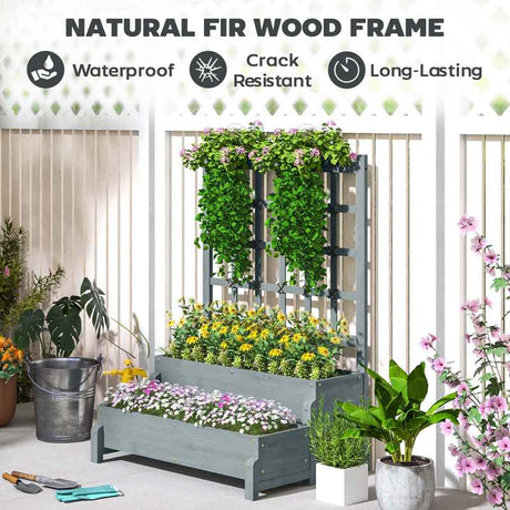 Outsunny 2-Tier Raised Garden Bed with Trellis, Wooden Elevated Planter Box with Drainage Holes, Outdoor Raised Planter for Climbing Plants, Fruits, Vegetables, Flowers, Grey