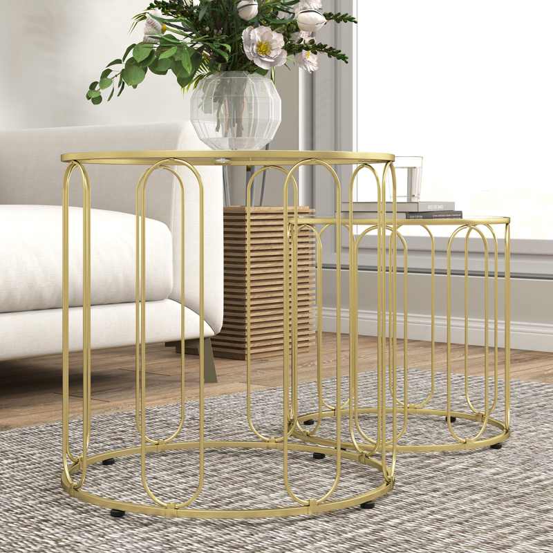 HOMCOM Round Coffee Table Set of 2, Glass Nest of Tables with Metal Frame and Tempered Glass Tabletop, Modern Side Tables for Living Room, Gold Tone