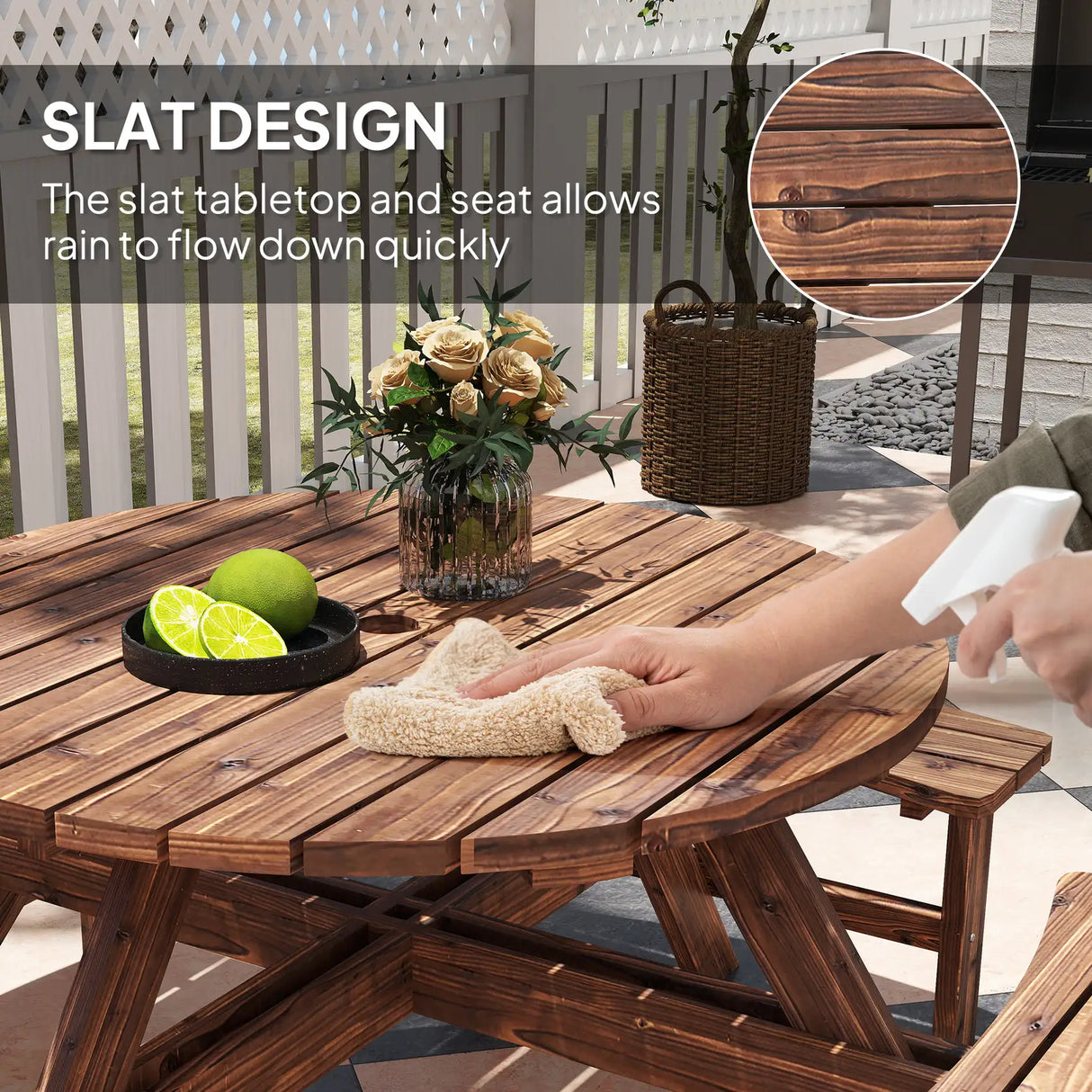 Outsunny Wooden Garden Dining Set, 8 Seater Patio Furniture Set with Round Picnic Table, Parasol Hole for Outdoor Garden, Tan
