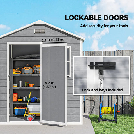 Outsunny 6 x 4ft Garden Shed, Plastic Shed with Floor, Window, Lockable Door and Vents, Wood Effect Resin Tool Shed for Outdoor, Grey