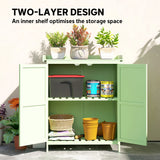 Outsunny Wooden Garden Shed, Garden Tool Storage Shed with Hinged Roof and Shelf, Outdoor Storage Cabinet with Double Doors, Light Green