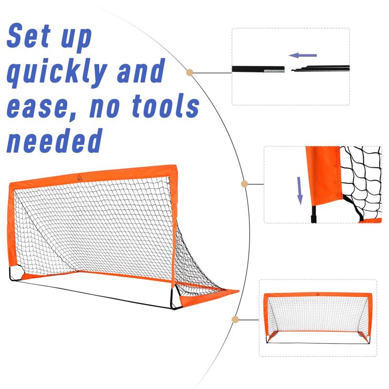 HOMCOM Set of 2 Football Goal Net 6 x 3 ft Foldable Outdoor Sport Training Teens Adults Football with Carrying Bag Orange