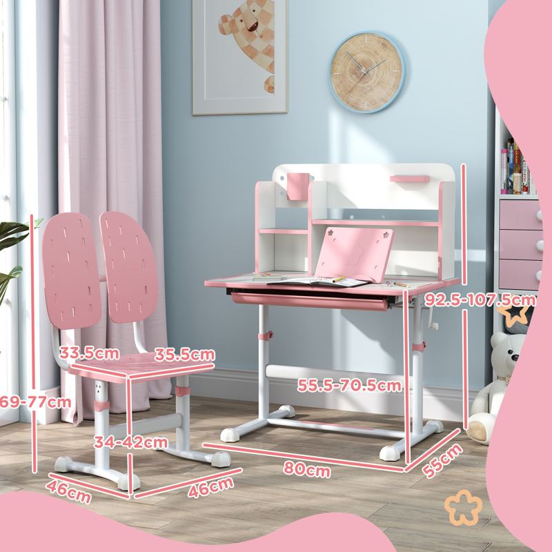 AIYAPLAY Height Adjustable Kids Desk and Chair Set, Children School Study Desk with Tiltable Desktop, Reading Rack,  Pink