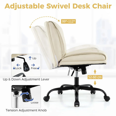 PU Leather Armless Desk Chair with Wide Backrest and Seat-Beige