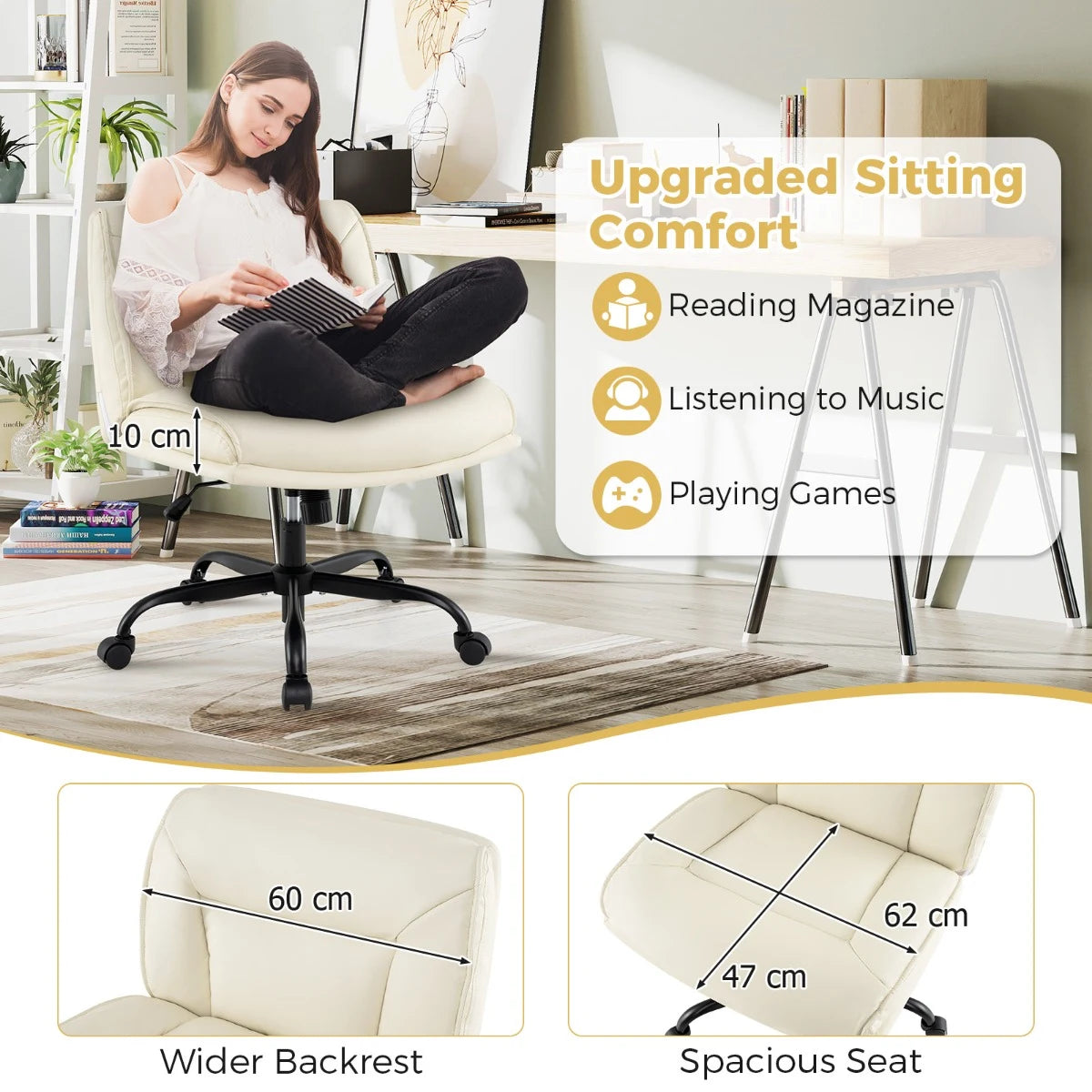 PU Leather Armless Desk Chair with Wide Backrest and Seat-Beige