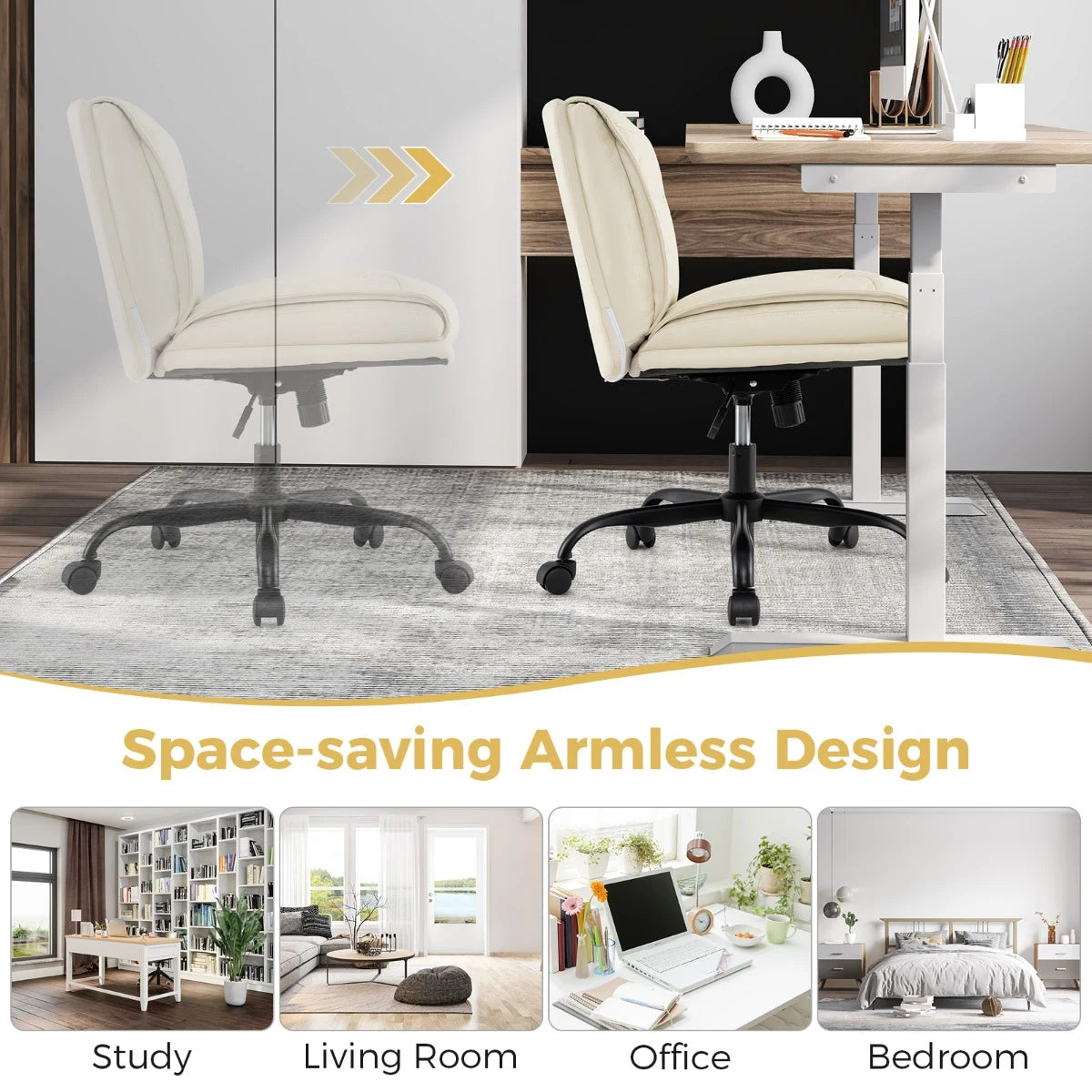 PU Leather Armless Desk Chair with Wide Backrest and Seat-Beige